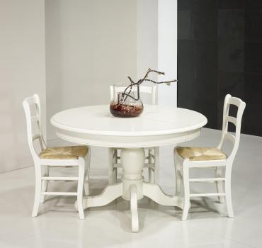 Table ronde pied central réalisée en Merisier Massif de style Louis Philippe DIAMETRE 120 + 2 allonges de 40 cm Finition Ivoire